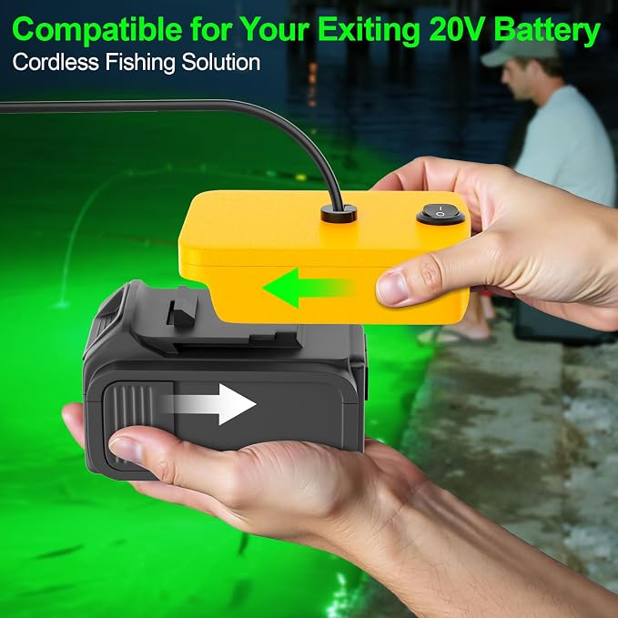 LED Underwater Fishing Light Compatible with for DeWalt 20V Battery（Battery Not Included）, 6000 Lumens, IP68 Waterproof Submersible Green Fish Attractor Light for Night/Ice/Boat Fishing