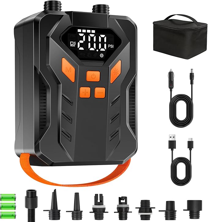 Rechargeable 20PSI Electric Paddle Board Pump – Dual-Stage Inflation & Deflation, Auto-Off, 7 Nozzles, LED Light, 12V DC Car Connector, Portable SUP Pump for SUP, Inflatable Boat, Tent, Kayak