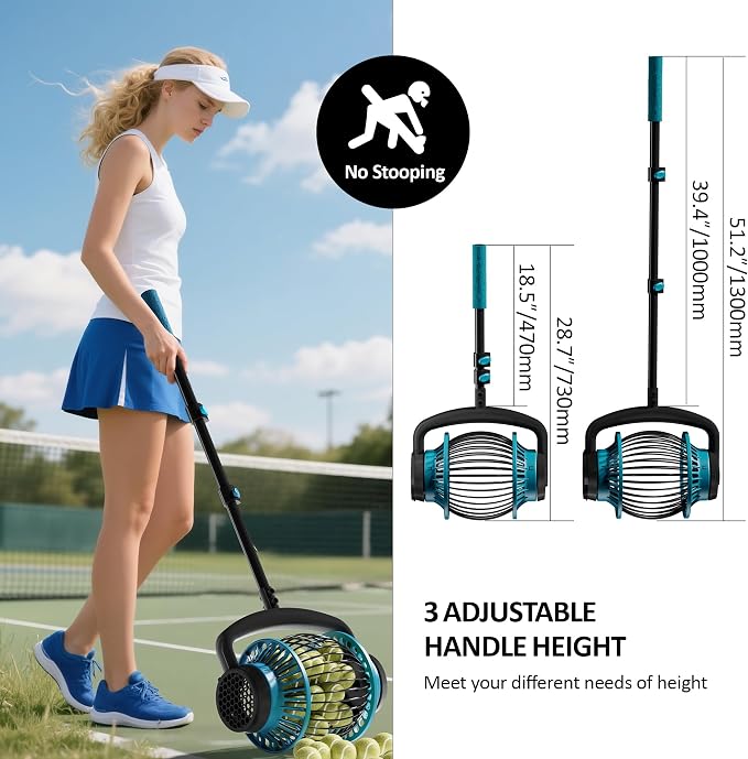 Tennis Ball Collector Roller with Adjustable Handle, No-Bend Quick Rolling Picker for Tennis Court, Quick-Tip Ball Release for Fast Emptying, Large Hopper Holds 20+ Tennis Balls Save Time & Your Back
