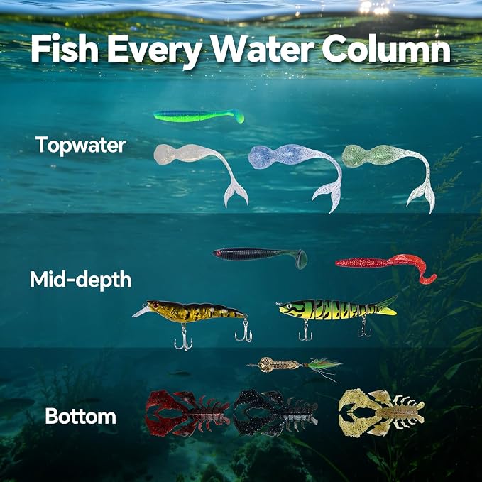 Bass Fishing Lures Kit, Freshwater Fishing Tackle Box with Soft Plastic Baits, Crawfish Lures, Swimbaits, VIB Lure, Jig Heads & Texas Rig Accessories