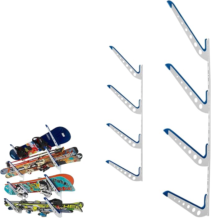 StoreYourBoard Beach Chair Storage Rack for Garage, Umbrella Wall Rack, Surfboard Rack for Wall, Wakeboard Rack, Snowboard Wall Mount, Paddle Board Storage Rack, 4-Level Board Hanger, 100 lb, White