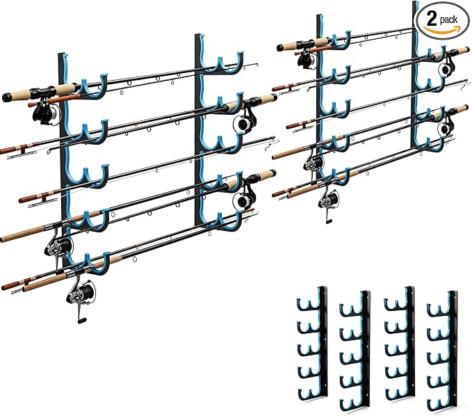 Fishing Rod Holders & Pole Holders for Garage, Wall Mounted Metal Fishing Rod Storage Organizer Rack Holds Up to 6/10/12/20 Rods or Combos, Suitable for Catfish Fishing Gear