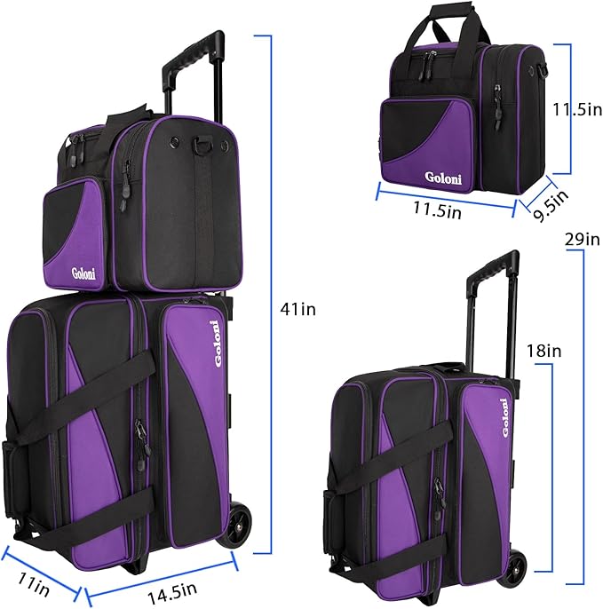Goloni 3 Ball Bowling Bag with Wheels, 2+1 Double Roller Bowling Bag with Shoe Compartment,Tote Bag for Bowling Accessories