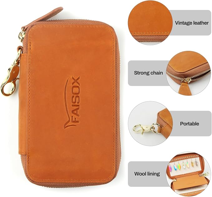 Lure Box Fly Fishing Leather Wallet Tackle Box Storage Spinner Bait Spoon Lures Flies Streamer Dry Fly Box Display Pocket Case Gifts for Men, Women (Lure FLy Wallet #B (Size: 6.6"x4.1"x1.1"))