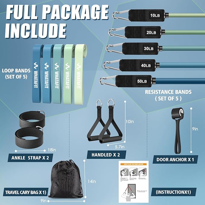 WHATAFIT Resistance Bands, Exercise Bands, Workout Bands with Handles, Door Anchor and Ankle Straps, 5 Resistance Levels Fitness Bands for Strength Training, Physical Therapy, and Home Gym Equipment