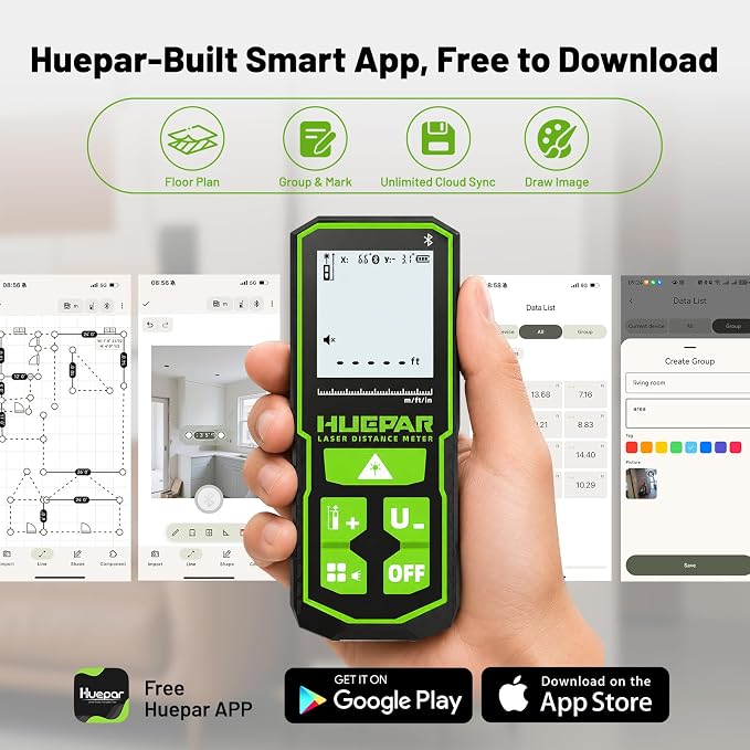 Huepar S60-G-BT Professional Bluetooth Laser Measuring Tool, 200ft | APP Control, Green Beam, ±1/16" High Accuracy, Rechargeable USB-C Laser Distance Meter, Angle Sensor, IP54, Gifts for Men