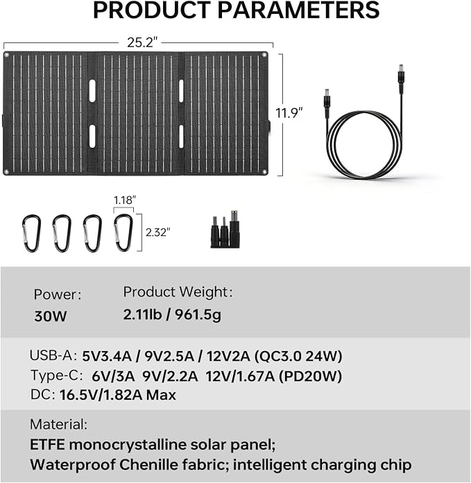 30W Foldable Solar Charger, High-Efficiency Portable Solar Panel with PD20W Type-C, QC3.0 & DC Output, Waterproof ETFE Solar Power Station for Camping, Hiking & Emergency