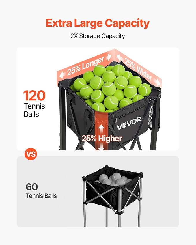 VEVOR Tennis & Pickleball Hopper Holds 200/175/150/120 Balls, 3-in-1 Tennis Foldable Pickleball Basket Cart for Easy Installation, Storage Bag for Tennis Training & Teaching