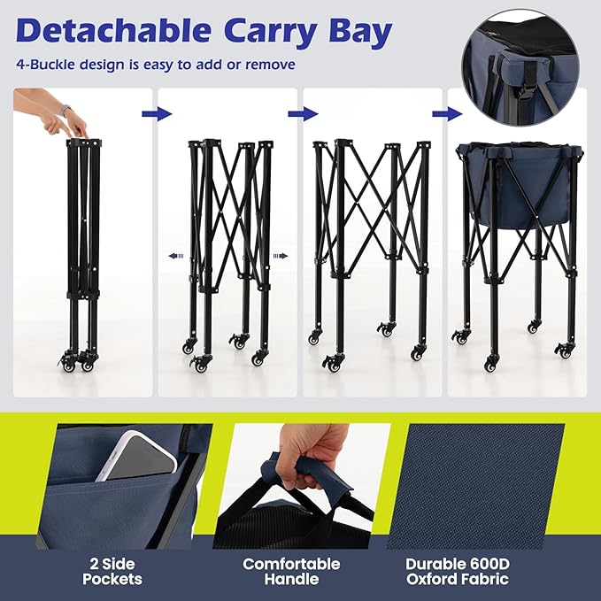 Tennis Ball Hopper Cart with Wheels, Portable Tennis Ball Basket Holds 150 Balls, Collapsible Aluminum Tennis Basket for Balls Pickup, Pro Sports Teaching Cart for Tennis Pickleball Baseball