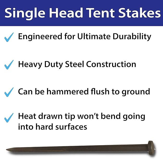 Single Head Metal Tent Stakes Heavy Duty Steel Ground Stake, Versatile Spikes to Anchor Commercial Inflatables, Event Party Tents, and Outdoor Camping Shelters, 1 x 36 Inch, 25 Pack