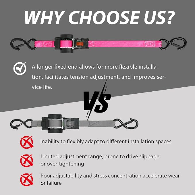 Retractable Ratchet Straps (2-Pack) - Heavy Duty Auto Slow Retraction Tie Down Straps - 1 Inch x 13 Feet (1,800lb Break Strength) for Truck, Cargo Trailer, Motorcycle, ATV, UTV - Pink