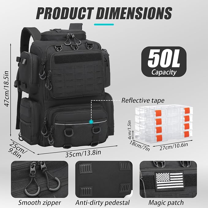 Tactical Fishing Backpack with Tackle Boxes, Rod Holders & Bottle Holder, 50 L Large Tackle Box Backpack with Cooler, Fishing Tackle Bag with Trays Store Gear & Equipment, Black