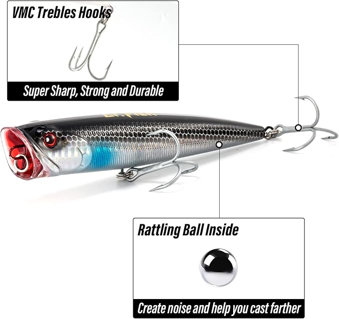 Dr.Fish Popper Saltwater Fishing Lures, 4/5.5 Inches GT Popper VMC Treble Hooks Surf Fishing Lures for Bass Striper Pike Salmon Offshore