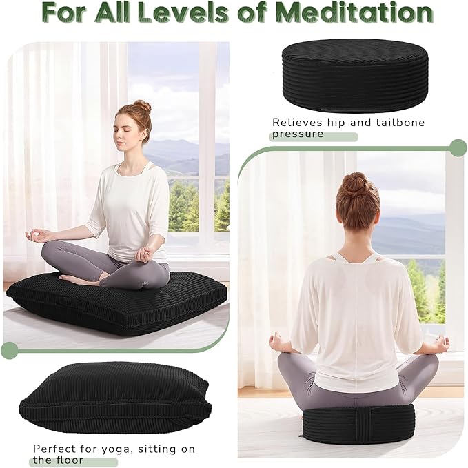 Meditation Cushion Set, Large Meditation Pillow with Ergonomic Support Prayer Pad, Modern Zafu & Zabuton Set to Mindfulness, Yoga, Removable Corduroy Cover, Black, 32in
