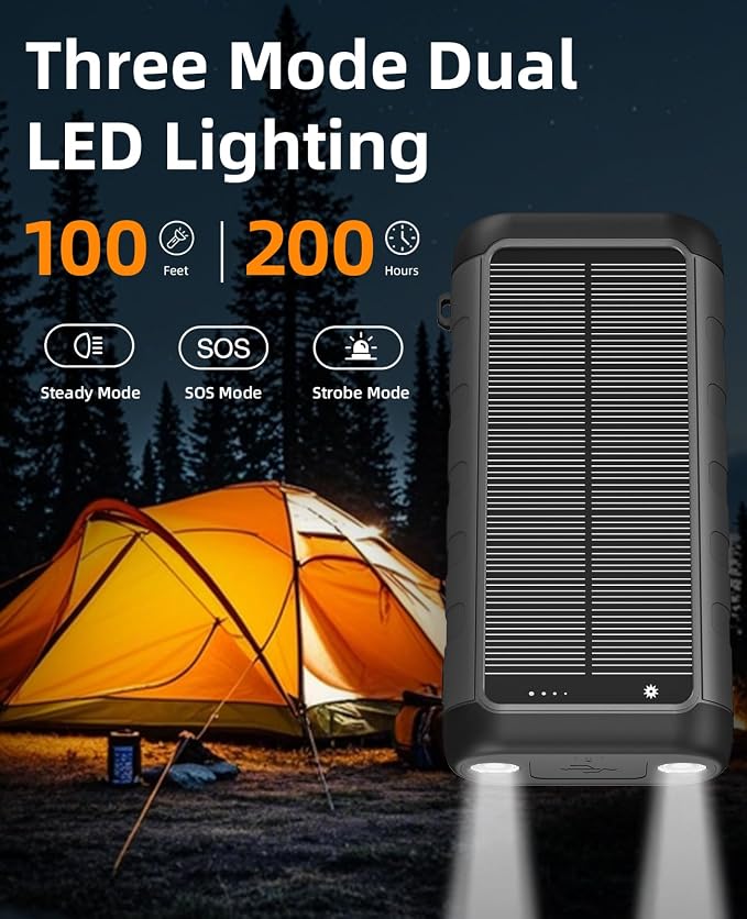 Solar Charger Power Bank 59800mAh, 15W Wireless Charging Compatible with iPhone Samsung Apple Watch, Outdoor Battery Pack, 3 Built in Cables & Hand Crank, Dual LED Flashlight for Camping Hiking Travel