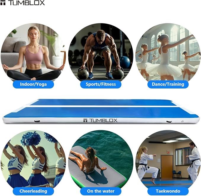Air Gymnastics Mat Inflatable & Tumbling Mat – 4/8 Inches Thick with Electric Pump + Free Foot Pump – Ideal for Home, Gym, Water, and Beach Use