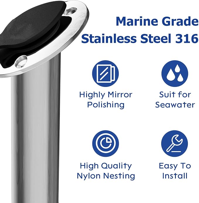 Fishing Rod Holder 2 Pack, 316 Stainless Steel 15/30/90 Degree Rod Holders for Fishing Boat, Flush Mount with Cap, Heavy Duty