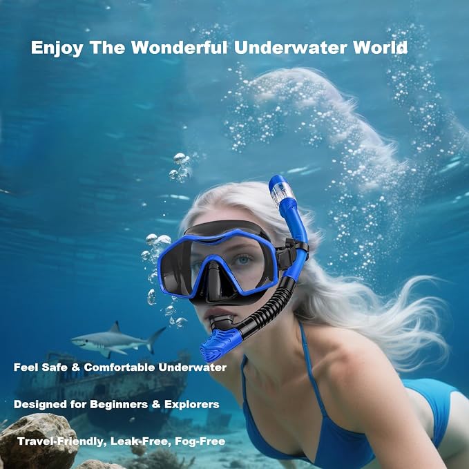 Snorkeling Gear for Adults,Mask Fins Snorkel Set,Panoramic View Diving Mask Anti-Fog,Dry Snorkel,Adjustable Swim Flippers and Travel Bag,Adults Snorkel Gear for Swimming Snorkeling Diving