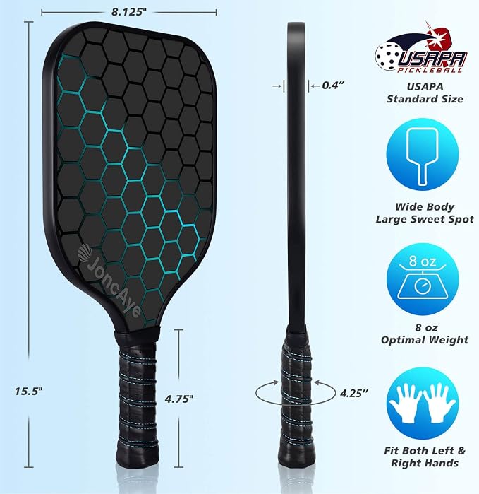 JoncAye Pickleball Paddles Set of 4 or 2, USAPA Approved Fiberglass Rackets with Outdoor Indoor Balls, Bag, Overgrip, Lightweight for Family, Professional Equipment for Beginners Intermediate