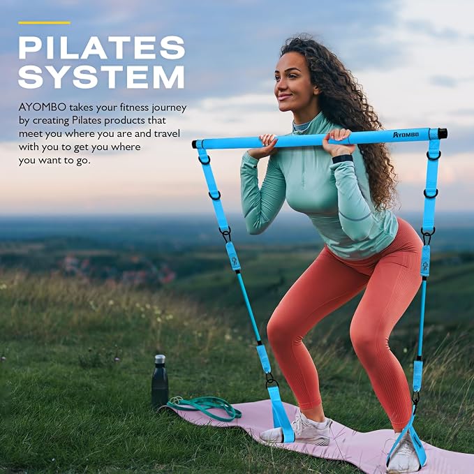 Ayombo Pilates Bar Kit with Resistance Bands, Pilates Workout Equipment for Legs, Hip, Waist, Arm, Squats Exercise Equipment for Home Workouts, Adjustable 3-Section Pilates Bar Kit for Women & Men