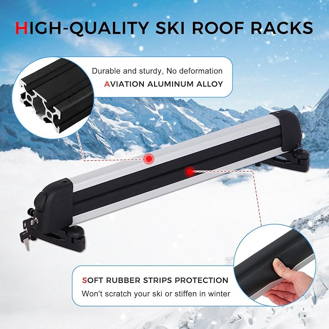 Ski and Snowboard Roof Racks with Anti-Theft Lock, 24.3" Universal Ski Roof Rack Carrier - Fits 6 Pairs Skis or 4 Snowboards, Silver
