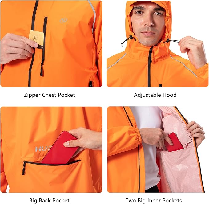 Hugut Men's Cycling Running Rain Jacket Lightweight Waterproof Biking Hiking Windbreaker Raincoat Reflective Packable