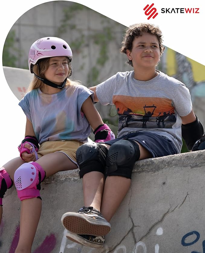 SKATEWIZ Skateboard Pads Protective Gear Set for Kids and Adults - Smash - Roller Skate Pads [6pc] with Wrist Guards - Skating Protective Gear - Roller Derby