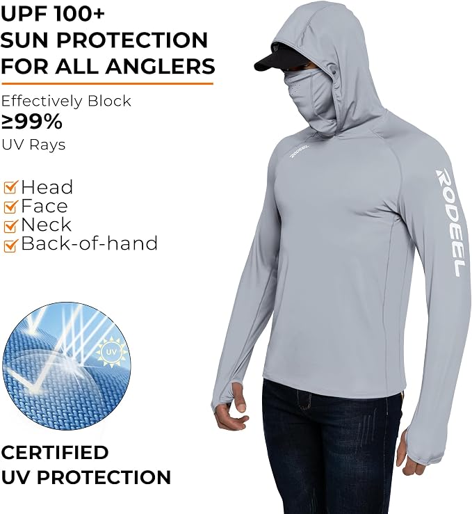 Rodeel Men's UPF 50+ Performance Fishing Hoodie, Long Sleeve Sun Protection Athletic Quick-Dry Breathable T-Shirt