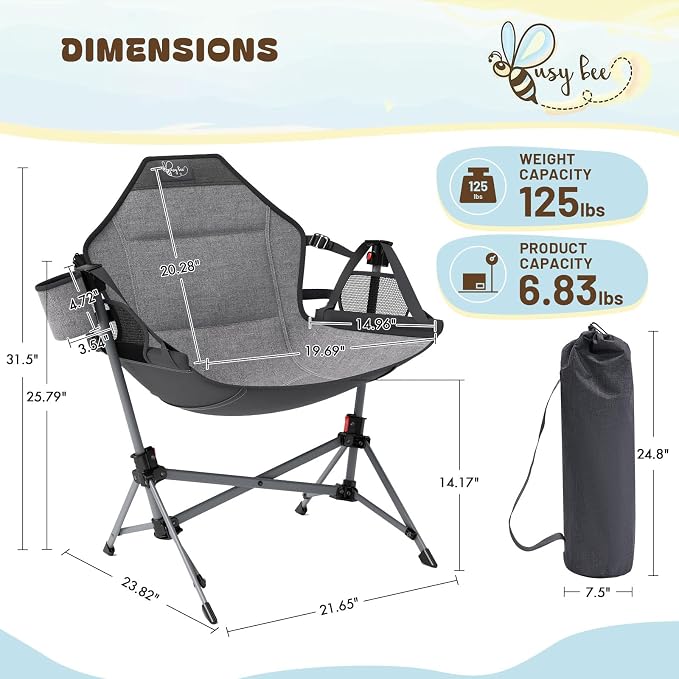 BusyBee Hammock Camping Chairs for Kids, Folding Kids Chair with Stand, Child Camping Gear, Hammock Swing Chair with Cup Holder & Carrying Bag for Outdoor, Lawn, Hiking, Indoor, Supports 125 LBS, Grey
