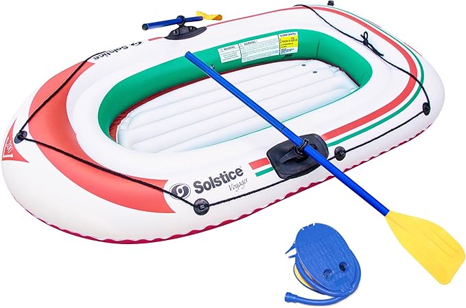 SOLSTICE Inflatable Boat for Lakes, Rivers & Beaches – Heavy-Duty Raft with Swivel Oar Locks & Grab Line – Voyager, Full Kit Includes Oars & Pump, 2-Person, White, 6'
