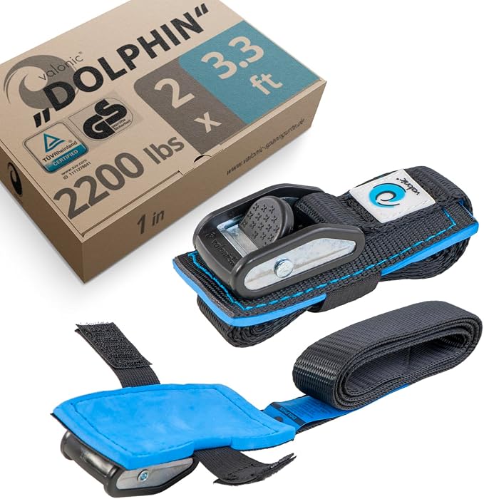 valonic Dolphin - Short tie Down Straps - 2 Pack, 3.3 ft x 1 inch, 2200 lbs, TÜV Rheinl. Certified, Protection pad, cam Buckle - for Bicycle, roof Rack, Luggage, Motorcycle