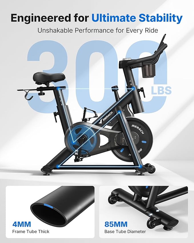 Merach Exercise Bike, Magnetic Friction Stationary Bike with Brake Pad and Exclusive App, Low Noise Indoor Cycling Bike with 300lbs Weight Capacity, Tablet Mount and Fitness Courses for Weight Loss
