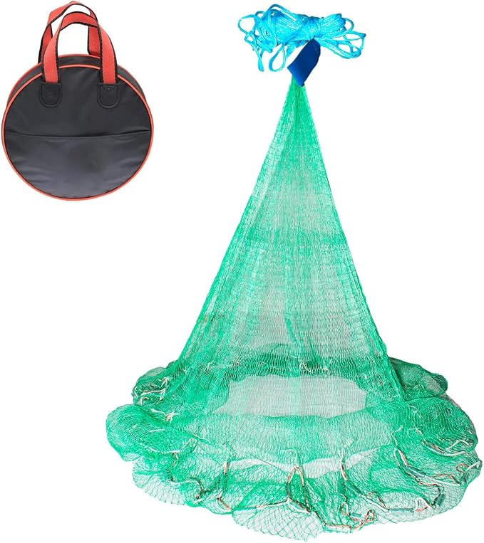Nylon Monofilament Cast Net, 4FT/6FT/7FT/8FT/9FT/10FT/12FT American Style Hand Throwing Fishing Net with Iron Chain Weights for Saltwater and Freshwater