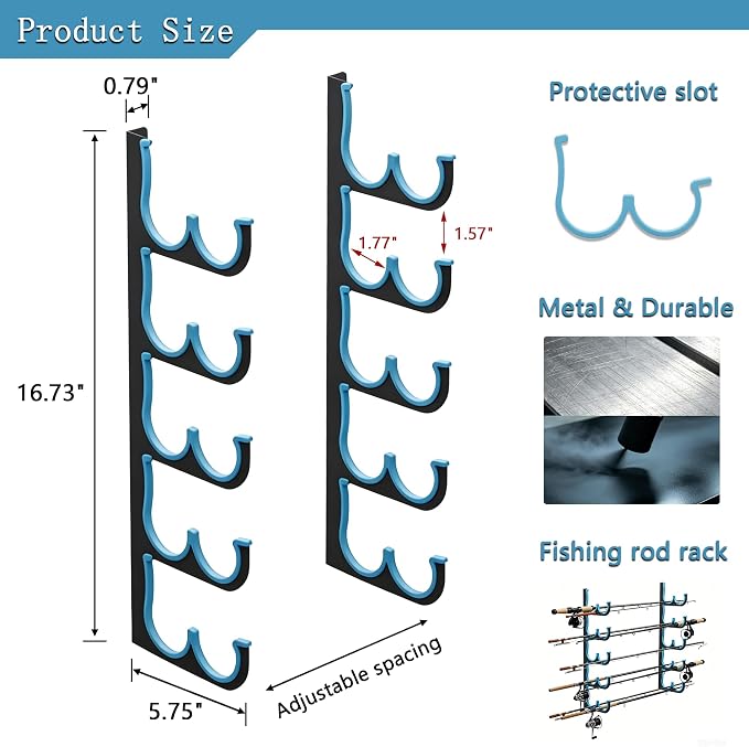 Fishing Rod Holders & Pole Holders for Garage, Wall Mounted Metal Fishing Rod Storage Organizer Rack Holds Up to 6/10/12/20 Rods or Combos, Suitable for Catfish Fishing Gear