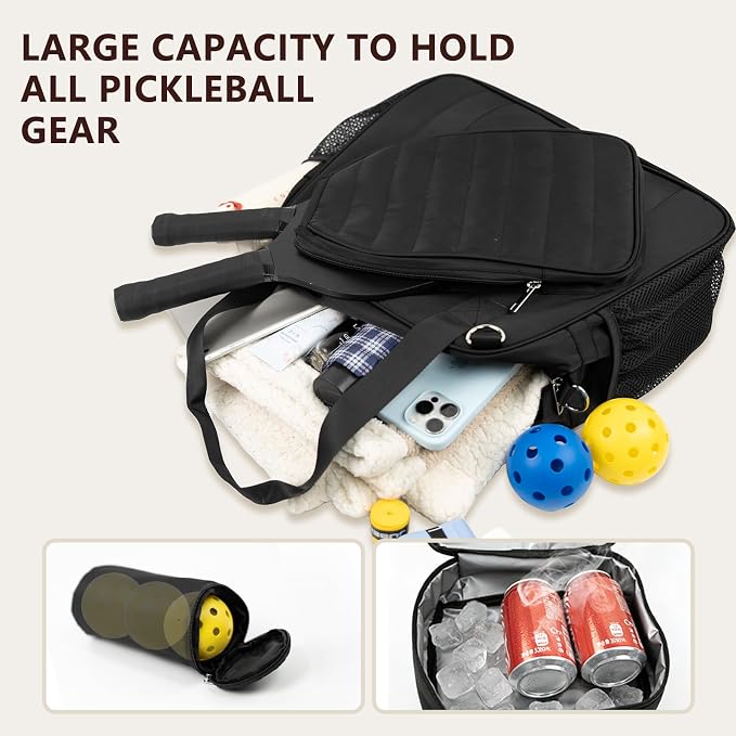 SSZYace Pickleball Tote Bag for Women & Men, Large Capacity Design Holds 2 Pickleball Paddles, External Pickleball Ball Bag and Adjustable Shoulder Strap Fence Hook, Insulated Drink Holder