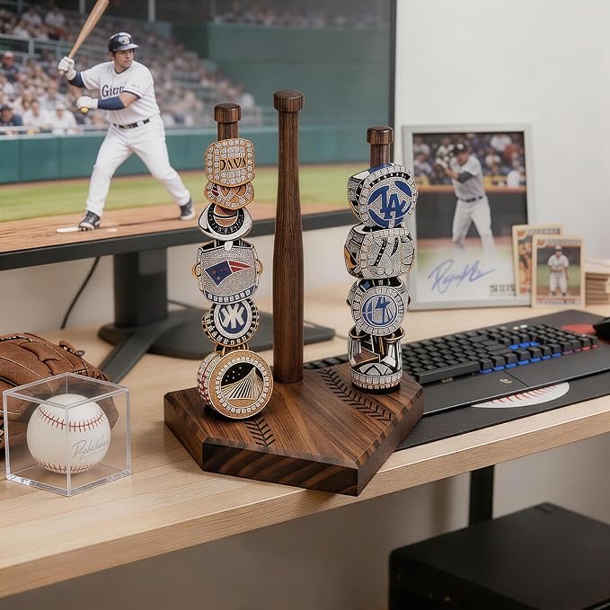 Walnut Wooden Baseball Ring Holder, Softball Championship Ring Organizer Display, Solid Wood Baseball Ring Holder Gift for Boys Girls, Baseball Accessories Storage - Three Poles