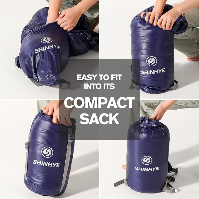 ShinHye Ultralight Adult Sleeping Bag 500g Premium Duck Down - Waterproof & Compressible 3-Season Camping/Backpacking 40-59℉ with Compression Sack(Navy)
