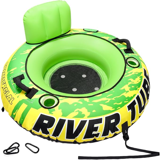 53" Heavy Duty River Tube for Floating with Canvas Cover, Tubing Floats for Lake Pool, Inflatable Water Tube for Floating with Cup Holders Handles Headrest, River Raft Carry 300lb of Adults