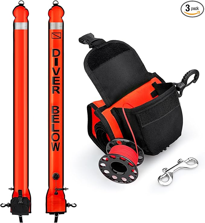 Surface Marker Buoy Scuba with Reel, 5ft High Visibility Diving Open Bottom Signal Tube Safety Sausage with Pouch Bag, 100ft ABS Dive Reel and Steel Double-Ended Bolt Snap (Hi-Vi Red)
