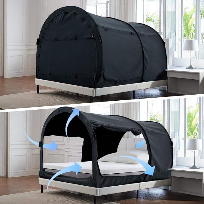 Alvantor® Bed Canopy Bed Tents Dream Tents Privacy Space Twin Size Sleeping Tent Indoor Pop Up Portable Frame Curtains Breathable Grey Cottage (Mattress Not Included) Reducing Light