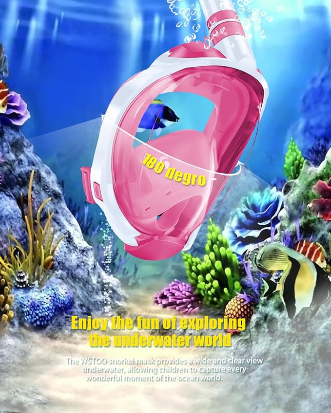 WSTOO Kids Full Face Snorkel Masks,Suitable for Beginners Dry Top Snorkeling Gear,Can Your Mouth or Nose to Breathe,180 Degrees Panoramic View,Anti-Fog Anti-Leak,Summer Travel and Vacationing Gifts