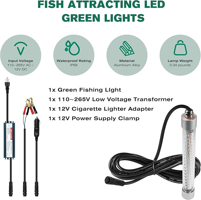 F2 110V &12V Underwater Fishing Light 100W 10000lm Bright Fish Attracting Light for Boat Docks Kayaks at Night, Submersible Green Light for Crappie Snook Bass Squid Bait Catfish(16.4ft Cord)