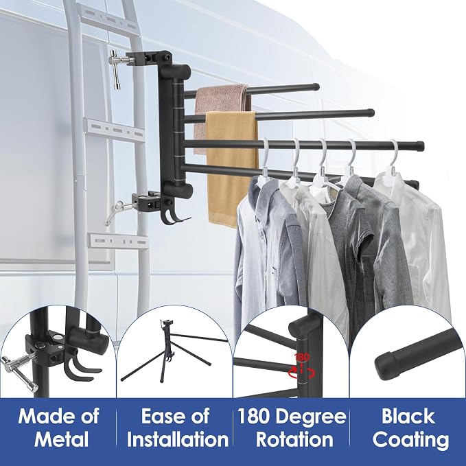 RV Clothes Drying Rack, RV Ladder Clothes Drying Rack, Four 12.7" Long Arms, No Drilling Anti-Rust for Ladder Boats Camper Trailer Travel Hotel Home