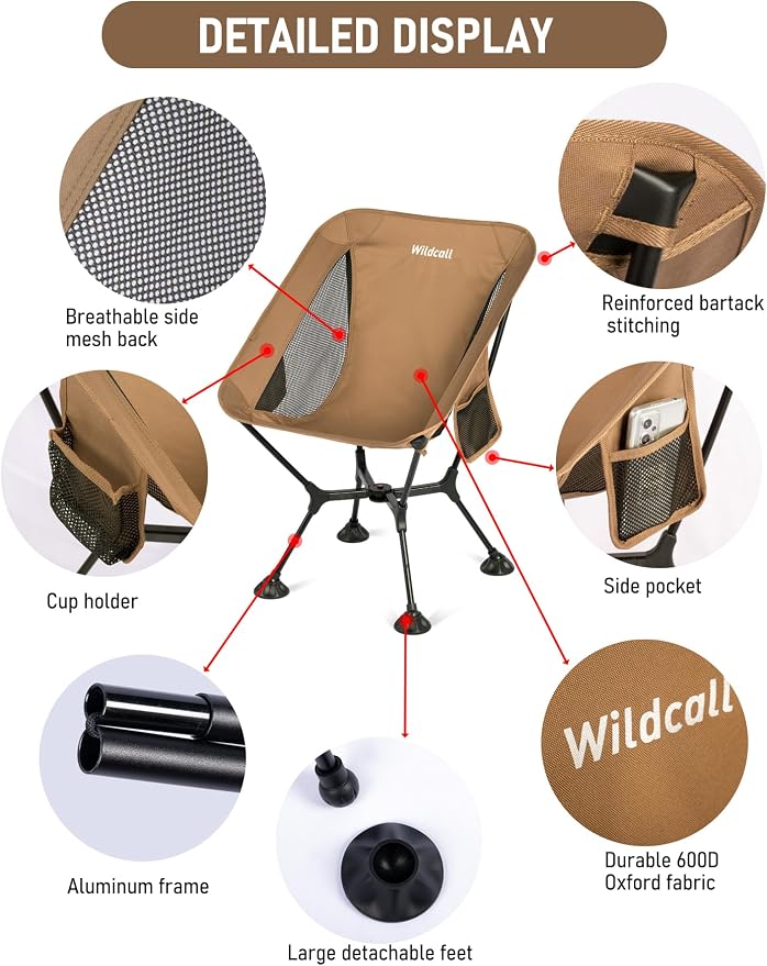 WildCall Lightweight Folding Camping Chair Quick Setup Frame Beach Chair Compact Backpacking Chair with Anti-Sink Feet