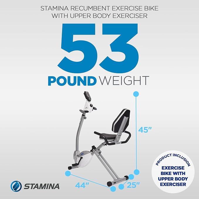 Stamina Recumbent Exercise Bike with Arm Workout - Fitness Bike with Smart Workout App - Recumbent Exercise Bike for Home Workout - Up to 250 lbs Weight Capacity
