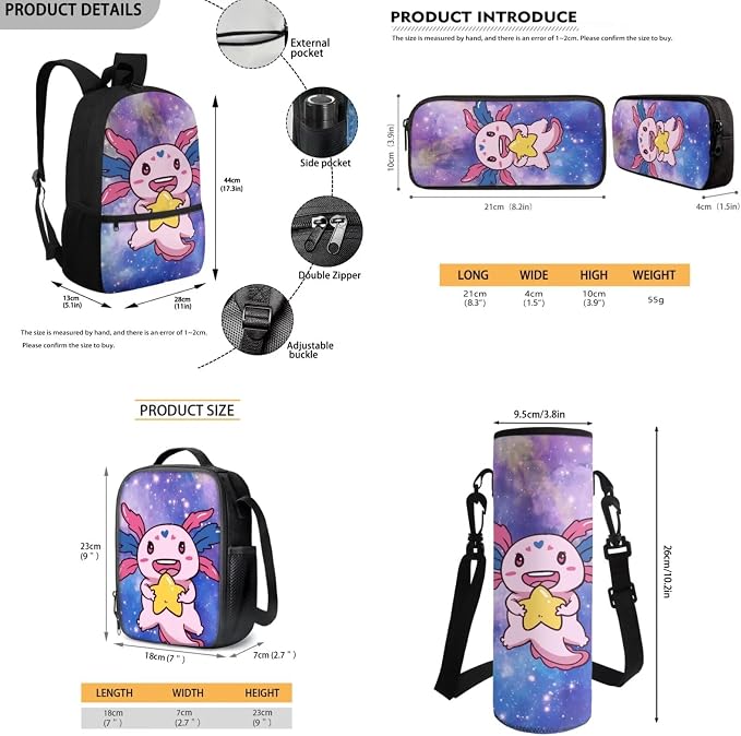 Axolotl Backpack for Kids School Bag with Lunch Bag Boys Girls Bookbag with Lunch Box Pencil Case Water Bottle Holder 4 PCS Back to School Supplies, Cute Axolotl with Stars Print