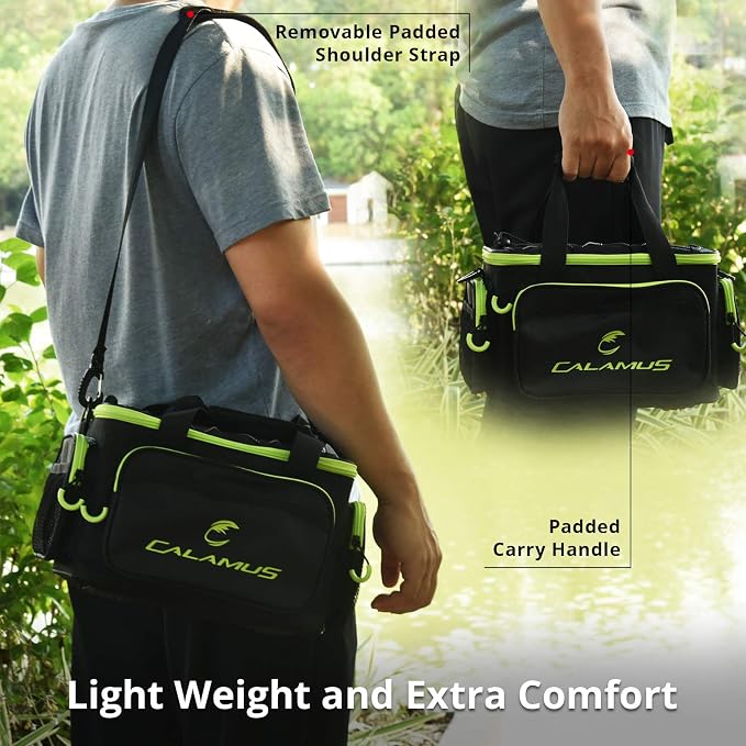 Calamus TB61 Fishing Tackle Bag，Green | Saltwater & Freshwater Fishing Bags, Rip-Stop PE, Padded Shoulder Strap, Pliers Storage, Easy to Organize, Functional Design