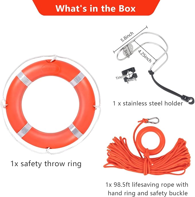 Life Preserver Ring 23"/28", Boat Safety Throw Rings with Bracket, Orange Buoy with Rope 98.5 FT and Reflective Tape for Boat