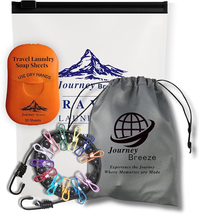 Travel Laundry Detergent Sheets and Elastic Travel Clothesline – Laundry Detergent Sheets 50-Count + Strong Portable Clothesline for Hotels, Cruises & Camping, Trips & Small Spaces