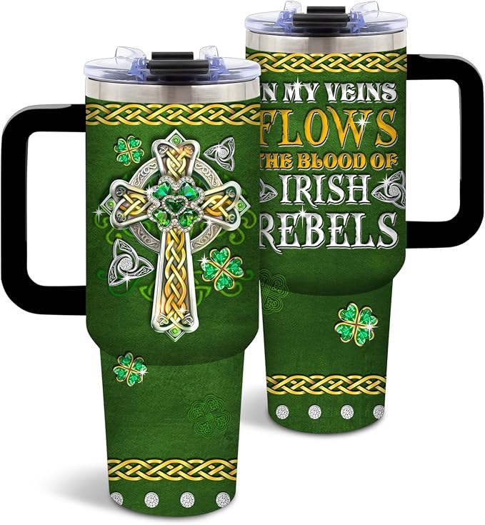 DUUV St Patricks Day Tumbler 40oz, Insulated St Patricks Gift for Women | In My Veins Irish Rebels Cup Gifts for Men Women Husband Dad Leakproof, Four Leaf Clover Design Gift Mug, 1 Pack
